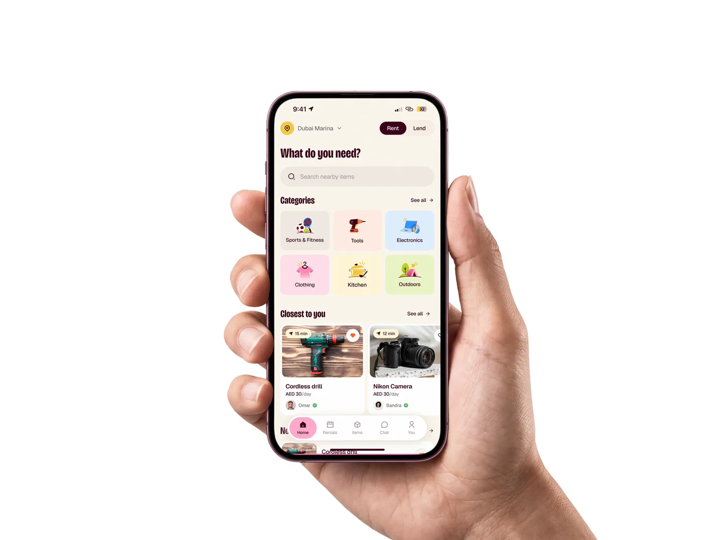 The Thrifté app open on a phone, showing nearby things to rent