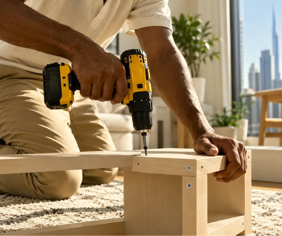 Someone assembling a wooden shelf with a cordless drill