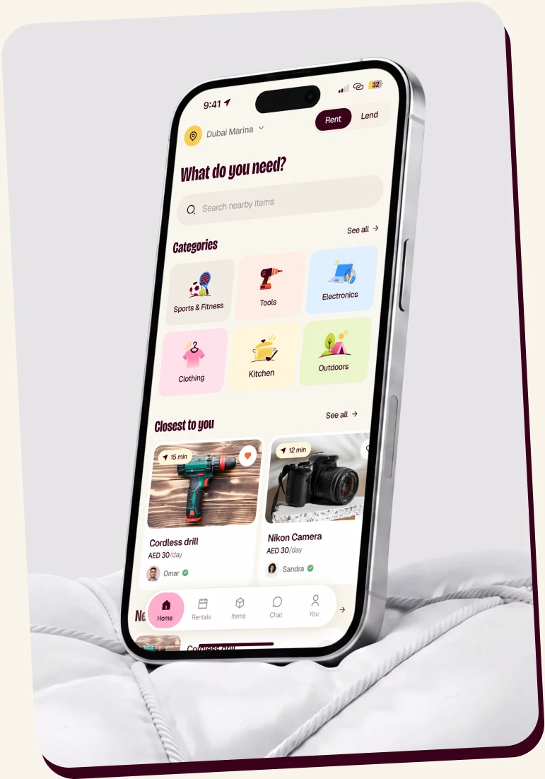 The Thrifté app on a phone showing categories and the closest things to rent